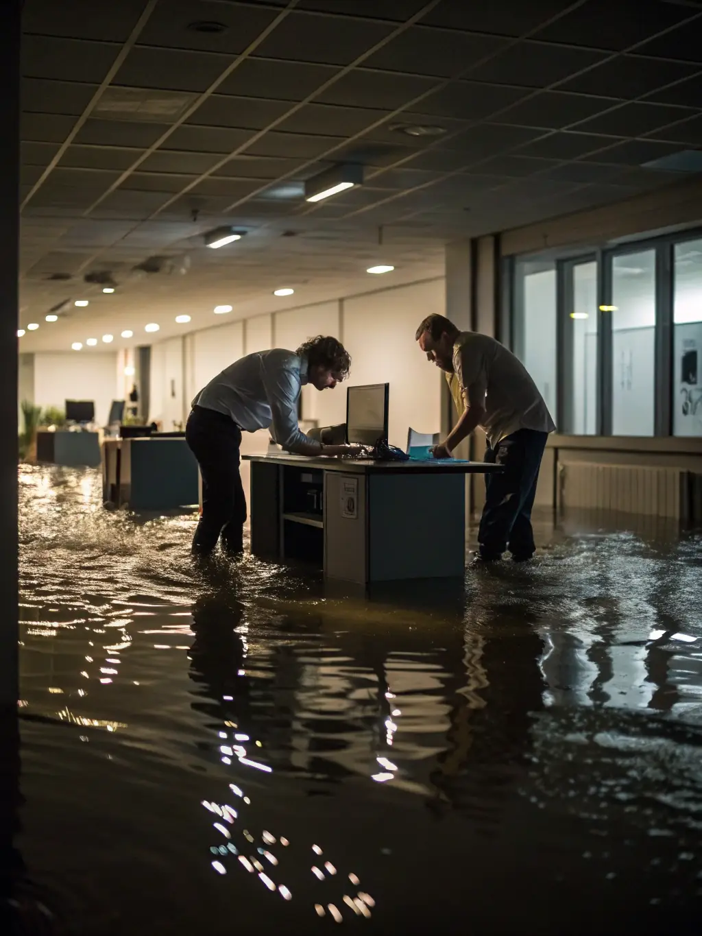 A photo showing a commercial building with water damage, such as a flooded office space, highlighting the need for commercial water damage restoration.