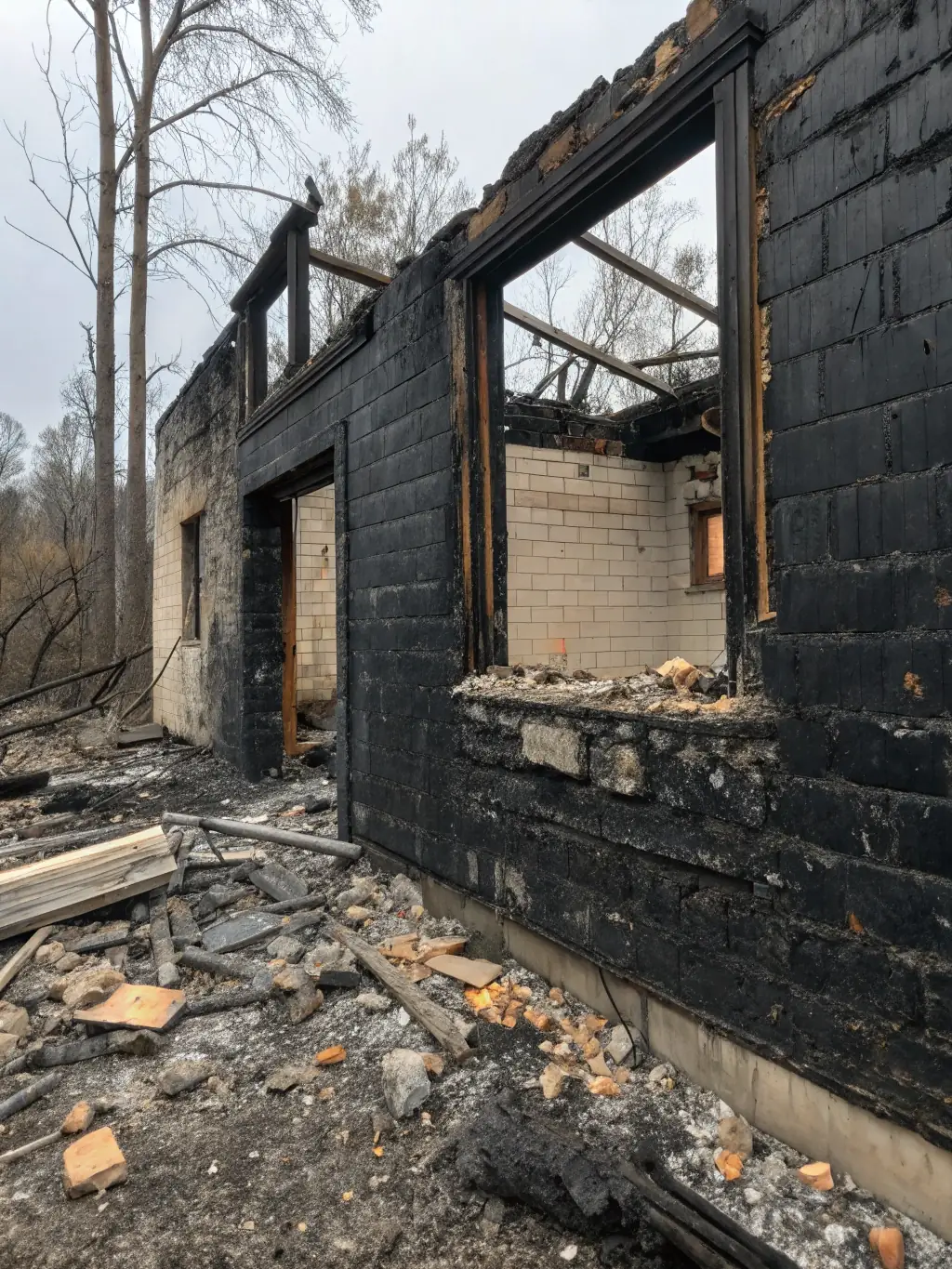 A photo depicting a building after a fire, with visible smoke and fire damage, emphasizing the importance of professional fire damage restoration.