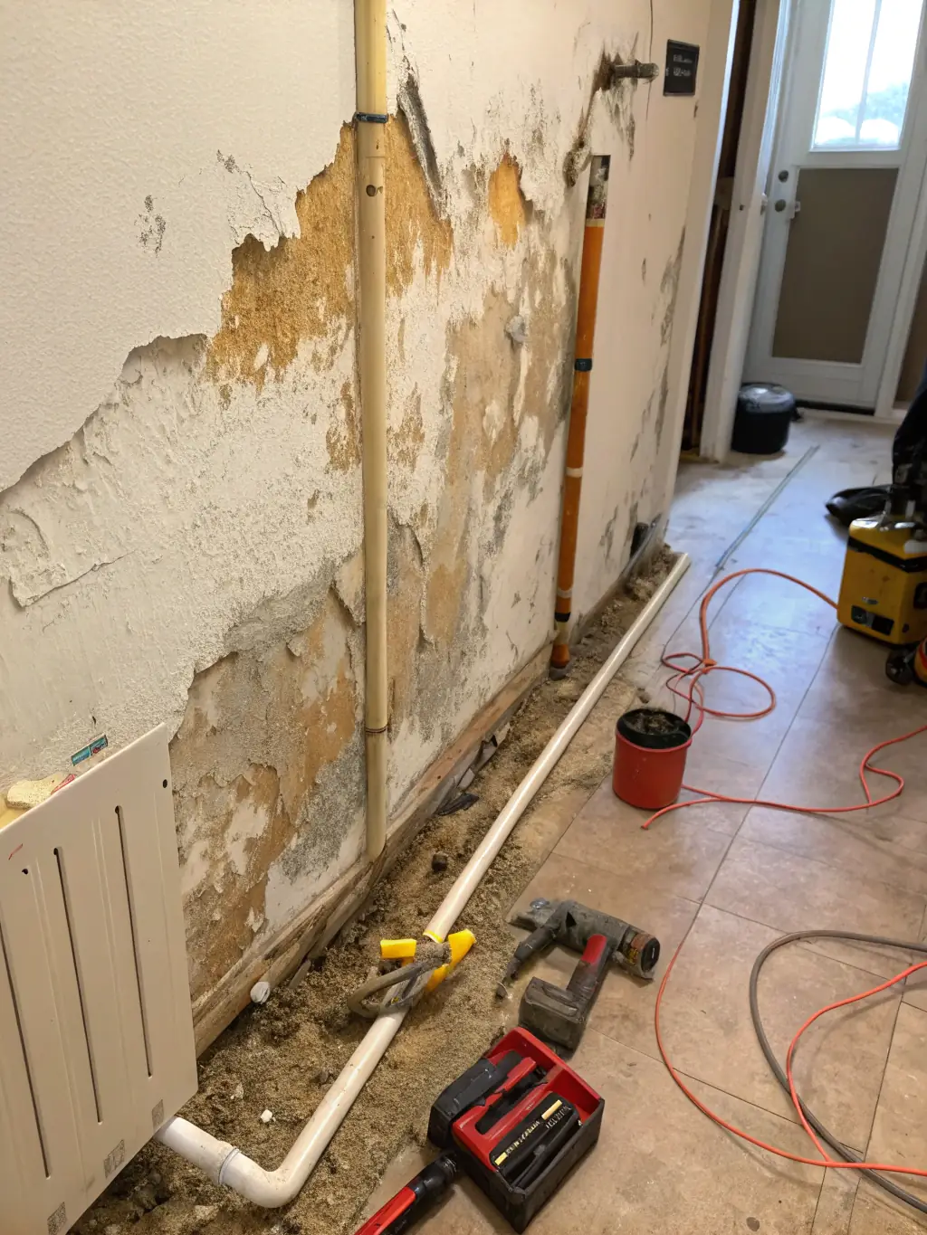 A photo showcasing a home interior with visible water damage, such as stained walls and damaged flooring, illustrating the need for water damage restoration services.